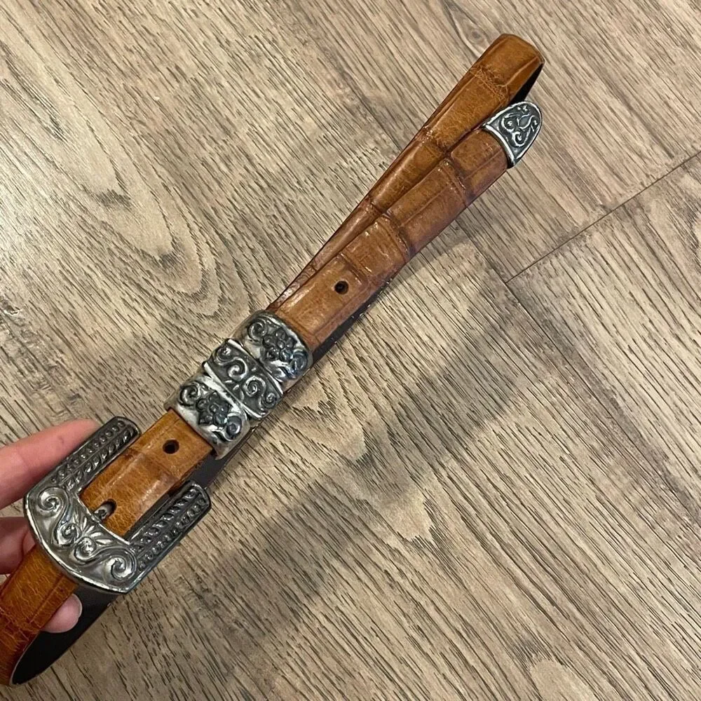 Cognac Brown Croc Embossed Leather‎ Western Belt Silver Engraved Buckle Size MD
